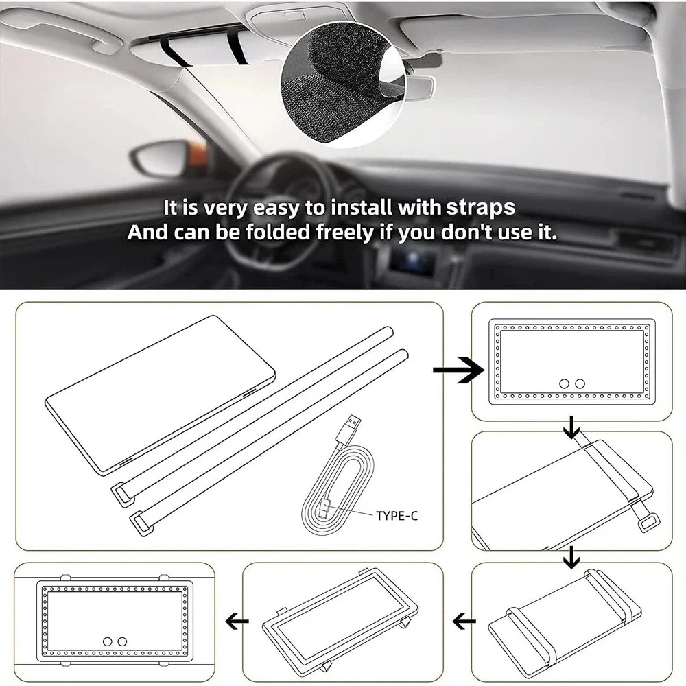 60 LED Car Sun Visor Vanity Mirror Rechargeable 3 Light Modes Stepless Dimming